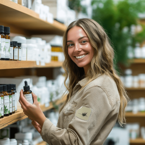 A smiling woman shopping for CBD oil in a retail health store in Canberra, surrounded by shelves of products.