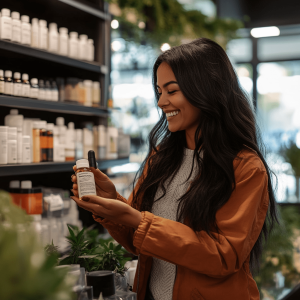 A woman in a pharmacy purchasing CBD oil over the counter in Canberra, surrounded by a variety of medications.