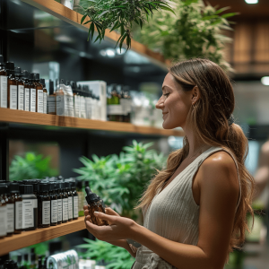 A woman shopping for CBD oils and comparing different products in a Canberra cannabis dispensary.