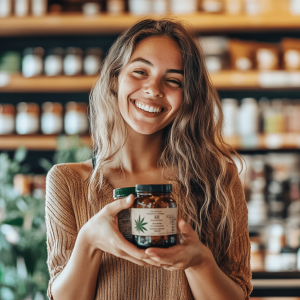 A smiling woman shopping for medical cannabis in Canberra at a dispensary.