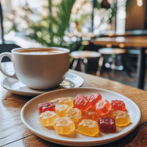 A plate of CBD gummies placed next to a cup of coffee on a wooden table in a cosy cafe in Canberra.