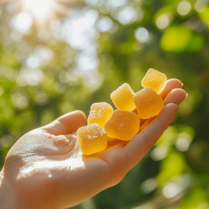 A hand holding several yellow CBD gummy cubes with a sunlit, leafy background.