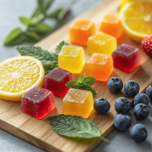 Red and orange CBD gummies arranged on a wooden board with fresh blueberries, lemon slices, and mint leaves.