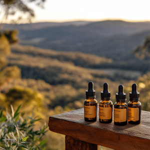 Four bottles of CBD oil, displayed on a wooden ledge overlooking a hilly park in Canberra.