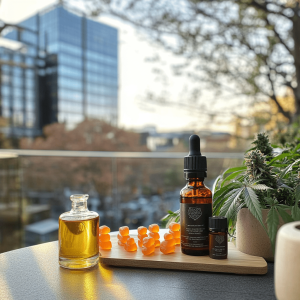 CBD oil and CBD gummies displayed on a small wooden tray, with a potted cannabis plant and the Canberra city skyline in the background.