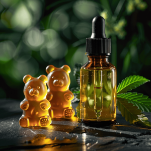 A small amber bottle of CBD oil next to two CBD gummy bears, set against a green background.