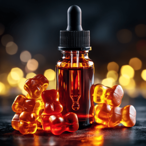 CBD oil product in surrounded by orange CBD candies, set against a dark background with soft glowing lights.