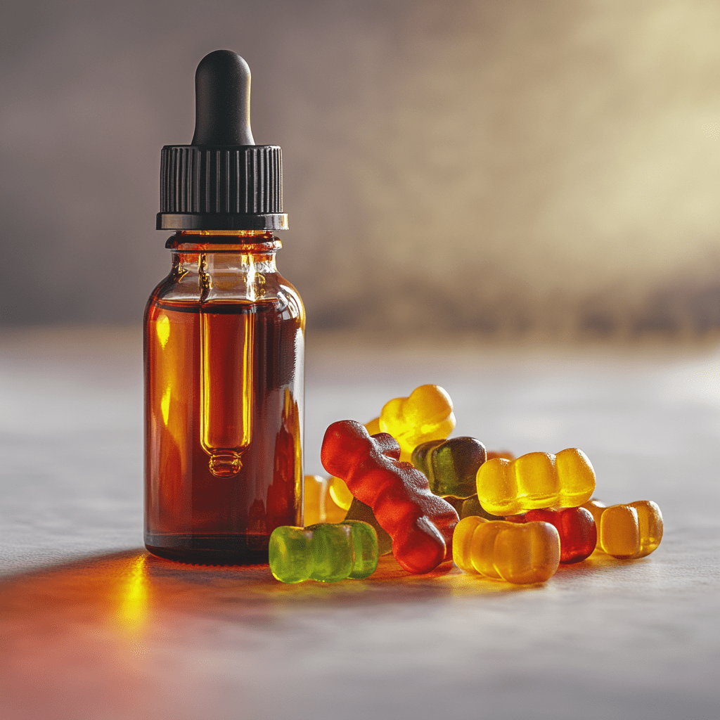 CBD oil next to a pile of CBD gummies, placed on a neutral coloured surface with a soft background.