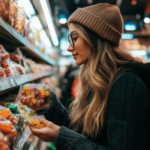 Woman in a beanie purchasing CBD gummies from a retail store.