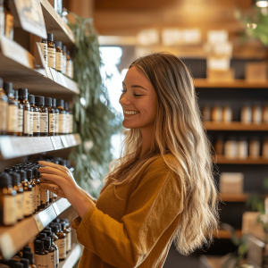 Smiling woman buying CBD oil in a cannabis dispensary.