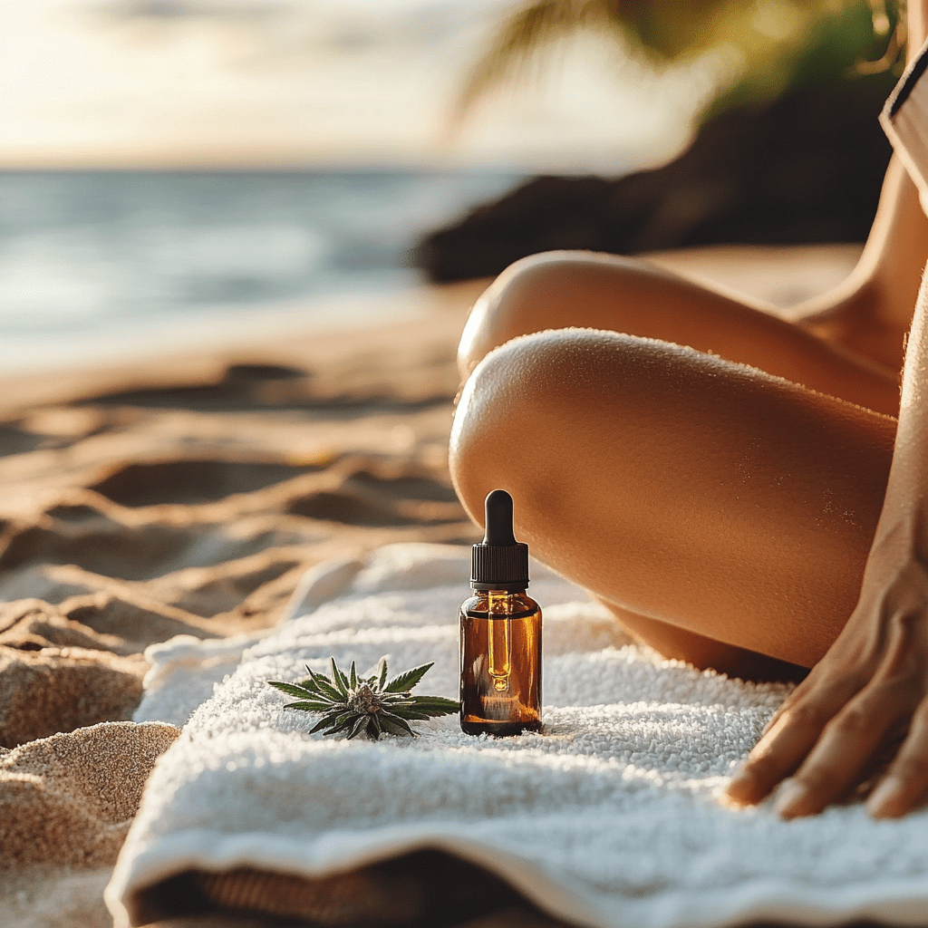 CBD oil dropper on a towel on a Gold Coast beach, next to a woman's legs.