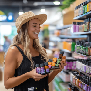 Smiling woman in a hat holding CBD products in a Gold Coast supplement store.