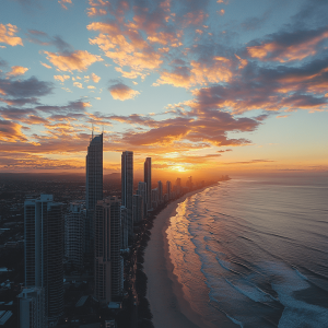 Sunset over the Gold Coast city skyline and beach in Queensland.