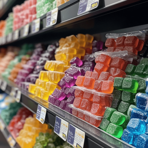 Display of different CBD gummies for purchase over the counter on a pharmacy shelf.