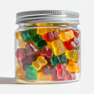 Jar filled with assorted CBD Gummies on a white background.