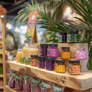 Wooden shelf in a retail store displaying CBD products in bottles of differing colours.