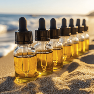 Row of CBD tinctures lined up on a sandy Gold Coast beach at sunset.