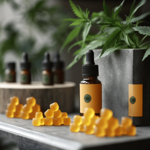 Amber CBD Oil Bottle beside bear-shaped CBD candies in a display setting with cannabis leaves.