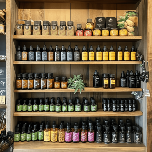 Shelves in a Gold Coast CBD Shop stocked with CBD edibles and oils.