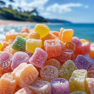 Pile of colourful CBD gummies with a beach and ocean in the background.