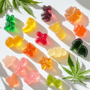 Selection of different cannabis gummies on a white surface next to medical cannabis leaves.