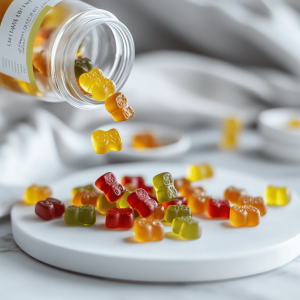 A bottle of vibrant CBD gummies spills onto a white surface. The gummies are a mix of red, yellow and green in bear shapes.