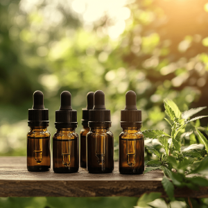 Five amber bottles of CBD oil on a wooden table outdoors, surrounded by cannabis leaves.