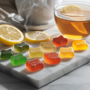 A selection of CBD gummies arranged next to lemon slices and a cup of tea.