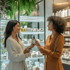 Two women smiling as one hands the other a CBD oil product to shop for in a pharmacy.