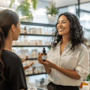 A woman talks to an attendant holding a CBD tincture at a dispensary about what to look for in the best CBD oil.