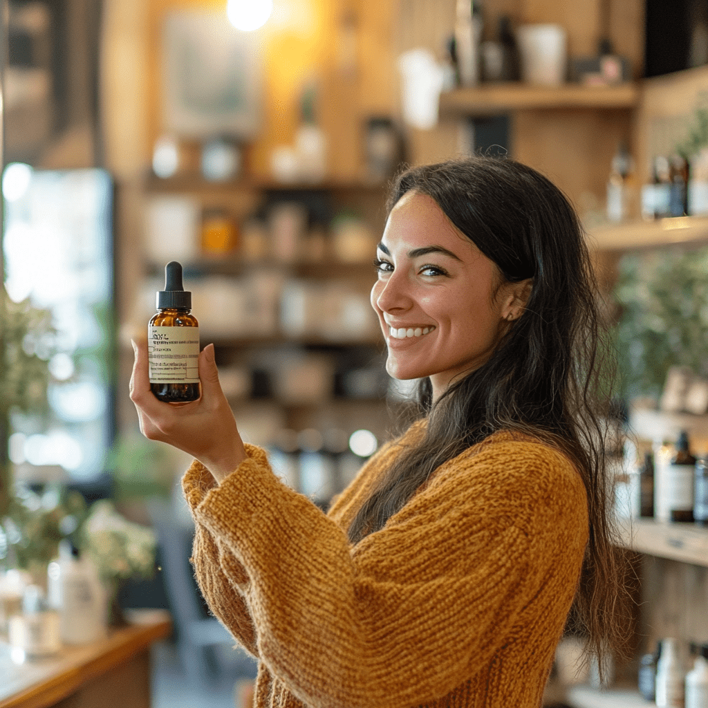 A woman smiling and holding a bottle of CBD oil inside a warmly lit shop with shelves of CBD products in the background.