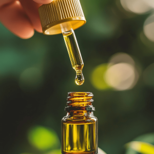 Close-up of a dropper releasing golden CBD oil into a bottle, with a soft, green background.