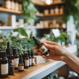 A hand of a person shopping for CBD oil, selecting a tincture from a wooden shelf in a cannabis dispensary.