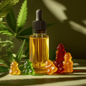 A single CBD oil product surrounded by CBD gummies and a cannabis leaf with a green background.