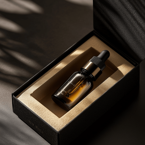 A premium CBD oil neatly placed in a cushioned black box, with soft lighting casting shadows.
