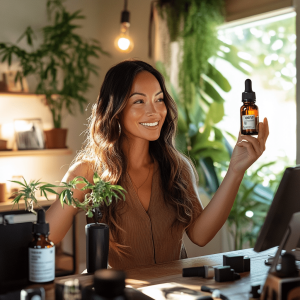 A woman smiling at her laptop and holding a CBD oil purchased from an online CBD shop.