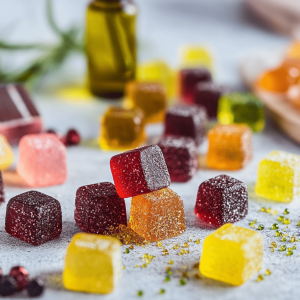 Assorted CBD gummy cubes scattered across a surface, with a blurred bottle in the background.
