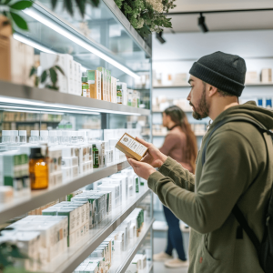 A man wearing a beanie seeking to find high quality CBD oil in a pharmacy. He holds up a CBD product to read its label.  