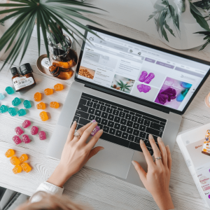 Close-up of a woman looking for CBD gummies online via her laptop with products visible on the screen.