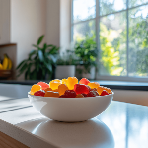 A white bowl filled with CBD gummies on a sunlit kitchen counter with plants and a window in the background.