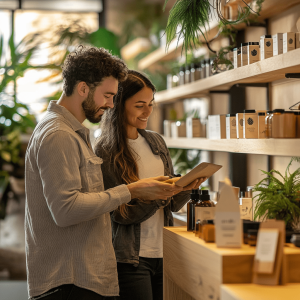 A smiling couple in a CBD product store looks at a tablet together while browsing CBD products displayed on the shelves.