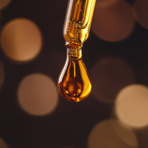 A close-up of a dropper releasing a drop of CBD oil, with a soft, blurred background of warm lighting.