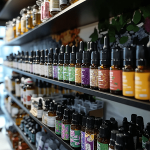 Rows of various CBD oil products with colourful labels are neatly arranged on black shelves in a shop.