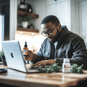 A man wearing glasses holds a CBD oil as he provides a customer review of it online. He sits at a wooden table with plants in a modern kitchen.