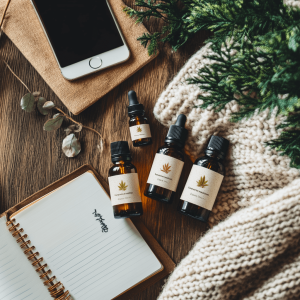 A collection of CBD oil products placed on a cozy wooden surface next to a phone, notebook, and knitted scarf.