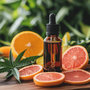 A CBD tincture surrounded by cannabis leaves and fresh citrus fruits, including grapefruit and orange.