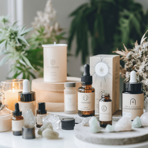 A CBD oil product range set on a white table amongst candles and dried flowers, with greenery in the background.