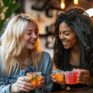 Two friends are laughing together while comparing their CBD Edible products.