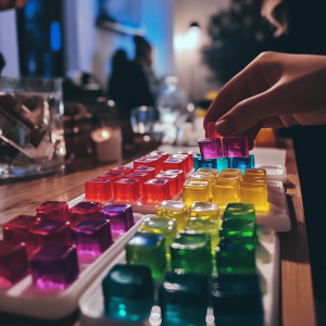 A variety of coloured CBD gummies being sorted on trays placed on a table.