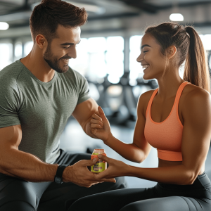 Fit couple sharing CBD gummies for post-workout aches in a modern gym.